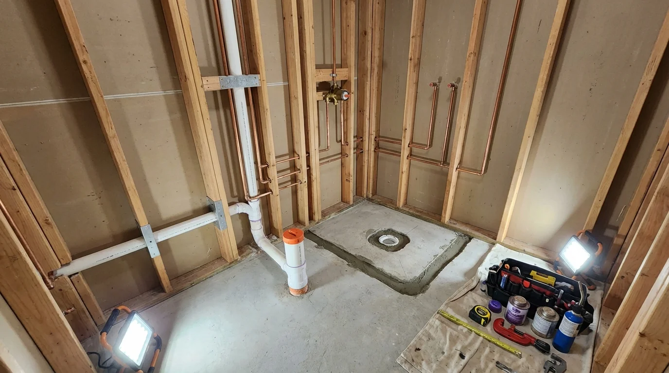 Bathroom rough-in plumbing during remodel by Johns Plumbing LLC in Swanzey
