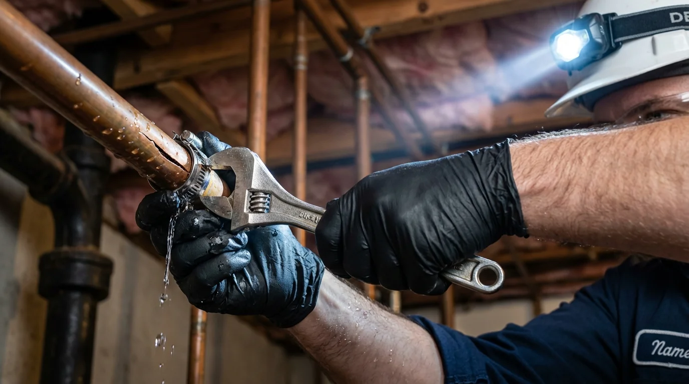 Emergency pipe clamp repair being performed by a Johns Plumbing LLC plumber in Swanzey