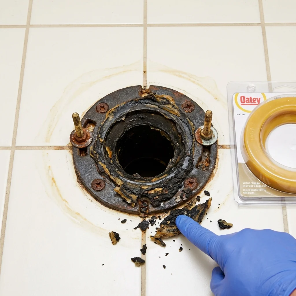 Failed wax ring showing water seepage at the base of a toilet in a Swanzey, NH home