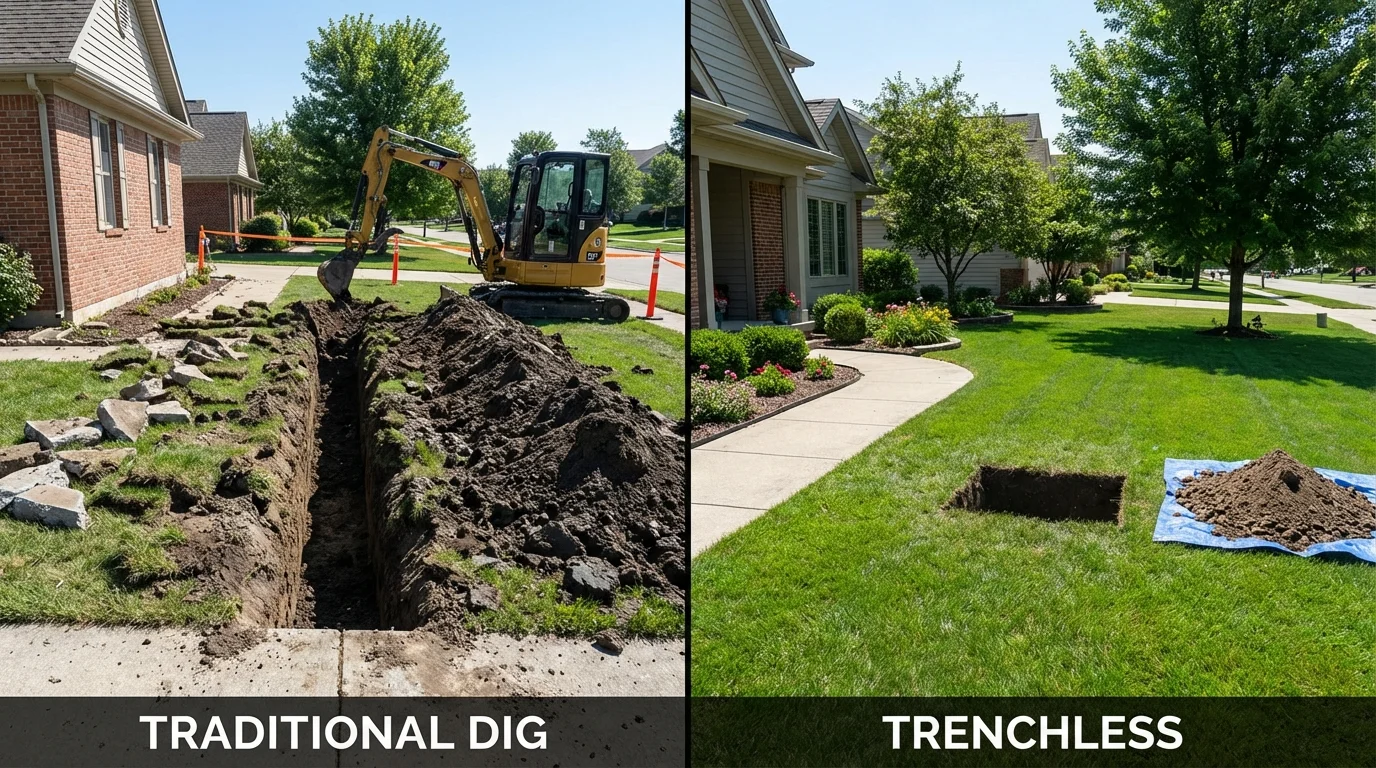 Trenchless sewer repair with minimal yard damage versus traditional excavation in Swanzey, NH