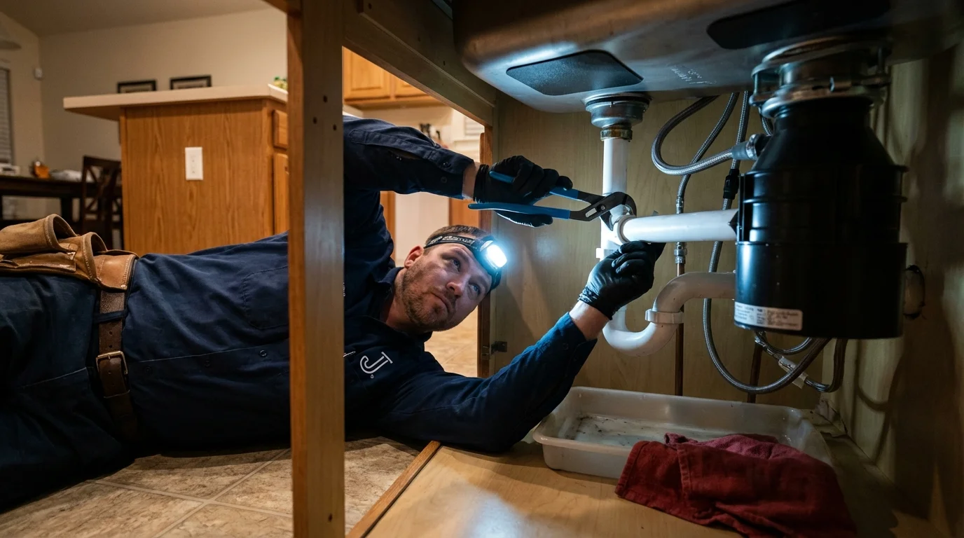 P-trap and supply line connections under a kitchen sink showing a common leak point in Swanzey, NH